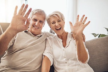 Image showing Portrait, wave and senior couple on video call, online meeting and communication webinar. Face, hello and excited man and elderly woman in virtual conference, chat and talking in retirement at home