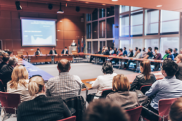 Image showing Public speaker giving talk at business event.