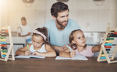 Image showing Family, father help kids and education, math and abacus for learning with homework, writing and counting at home. Teaching, support and notebook, young girl children with man and knowledge for growth