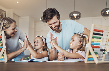 Image showing Children, learning and parents high five for family support, teaching goals and math solution or education at home. Mother, father and girl kids with hands together, well done and school achievement