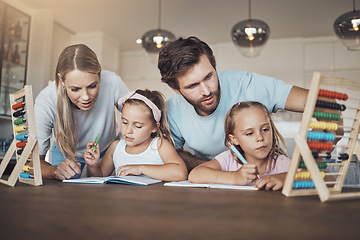 Image showing Family, parents help kids and education, math and abacus for learning with homework, writing and counting at home. Teaching, support and notebook, young girl children with man and woman for knowledge