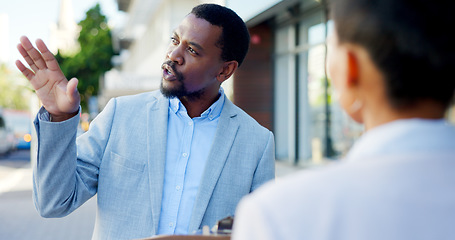 Image showing Sales, talking and black man with a woman in the city for a meeting, business or communication. Thinking, town and an African salesman with paperwork, report or documents for a customer conversation