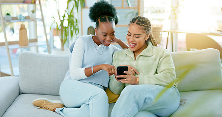 Image showing Woman, friends and phone on sofa in living room after vacation in home with memories on social media. African, people and happy by together, relax or bond after trip for online, web or wellness