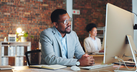 Image showing Computer, video call and black man consultant working on communication online and talking on webinar in office. Internet, chatting and employee or businessman in discussion in evening with connection