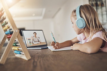 Image showing Home, laptop and girl with education, online class and headphones with connection, support and knowledge. Person, student and child with headset, pc and elearning with virtual teaching and studying