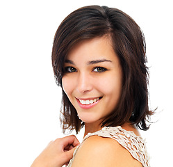 Image showing Portrait, woman and happy in beauty with skincare and aesthetic in studio on white background. Face, person and smile in fashion, cosmetic and trendy outfit or clothes, confident in mock up space