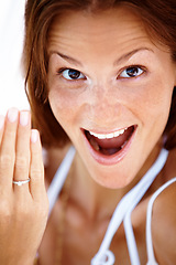 Image showing Woman, engagement and ring portrait or excited closeup, commitment or happiness proposal. Female person, smile and hand diamond for future promise, devotion or surprise love jewellery announcement