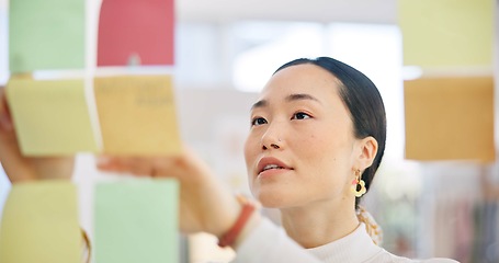 Image showing Sticky note, board and face of Asian woman, professional designer and planning project, startup ideas or entrepreneurship. Moodboard, creative or Japan person brainstorming solution, decision or plan