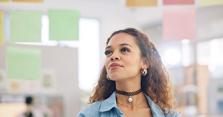 Image showing Sticky note, board or face of woman planning project development, startup ideas or entrepreneur objectives. Moodboard, retail sales strategy or person brainstorming process, decision or solution plan