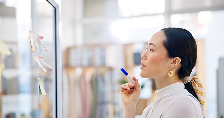 Image showing Thinking, planning board and Asian woman, designer and analysis of research project, ideas or information. Strategy notes, retail entrepreneurship and face profile of Japanese worker brainstorming