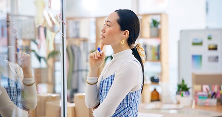 Image showing Thinking, brainstorming board and Asian woman, designer and retail expert planning strategy, objectives and reading research. Creativity, moodboard and Chinese employee working on office plan