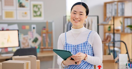 Image showing Ecommerce, smile and Asian woman with tablet for sales, checklist and work at fashion startup. Online shopping, boxes and small business owner with happy face, confidence and digital app for web shop