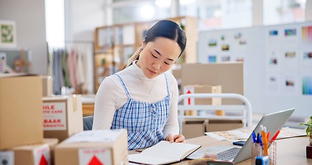 Image showing Ecommerce, woman with phone call and boxes, writing and checking sales and work at Japanese fashion startup. Online shopping, package and small business owner with smartphone, orders and networking.