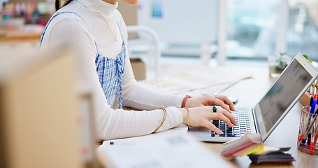Image showing Ecommerce, hands of woman at laptop with typing and writing sales report for work at fashion startup. Online shopping, boxes and small business owner with happiness, computer and website shop at desk