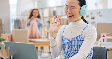 Image showing Startup, business owner and woman in video call on laptop with customer, clients or virtual communication in fashion. Entrepreneur, talking and crm service, ecommerce and online logistics in meeting