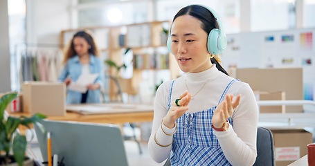 Image showing Startup, business owner and woman in video call on laptop with customer, clients or virtual communication in fashion. Entrepreneur, talking and crm service, ecommerce and online logistics in meeting