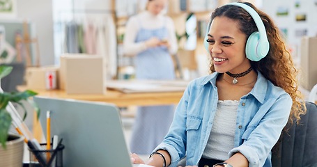 Image showing Video call, wave and woman in small business on laptop with customer or virtual communication in fashion studio. Entrepreneur, talking or crm service, online meeting and chat with ecommerce clients