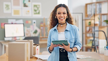 Image showing Woman, boxes and tablet for logistics, e commerce and stock management, online shop and supplier portrait. Startup, small business owner or designer with package inventory, digital and website order