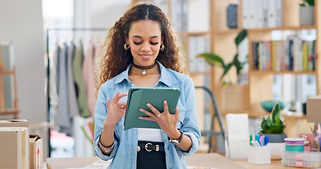 Image showing Woman, boxes and tablet for office logistics, e commerce and stock management, online shop or supply chain. Small business owner or fashion designer with package inventory, digital and website order