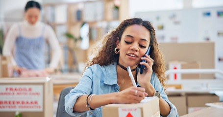 Image showing Business, phone call and woman writing, delivery and order with distribution, inventory and connection. Person, employee and professional with a smartphone, communication and shipment with network