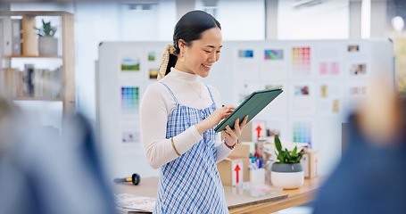 Image showing Tablet, startup and young woman with business checking company website online on internet. Digital technology, retail and Asian female owner scroll for delivery information in store, shop or boutique