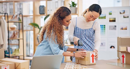 Image showing Teamwork, women and barcode reader on box for shipping, stock check and inventory export in fashion store. Scanner, package and delivery of cargo for ecommerce, supply chain and designer on laptop