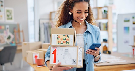 Image showing Woman, boxes and phone for office e commerce, logistics and stock management, online shopping or social media. Supplier, seller or fashion designer for package inventory, mobile chat or website order