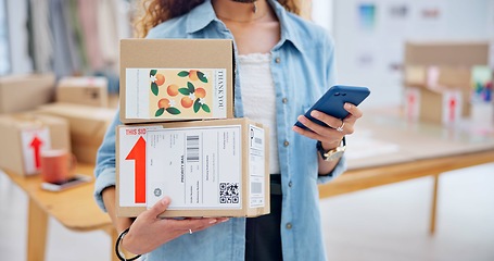 Image showing Package, startup and closeup of woman with phone for business at a fashion retail boutique. Networking, technology and female entrepreneur with cardboard boxes and cellphone for delivery information.