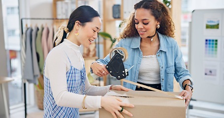 Image showing Teamwork, women and tape on box for shipping, delivery and export in fashion store. Small business, closing and packaging of cargo for ecommerce, supply chain and safety with designer collaboration