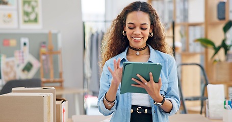 Image showing Woman, boxes and tablet for office logistics, e commerce and stock management, online shop or supply chain. Small business owner or fashion designer with package inventory, digital and website order