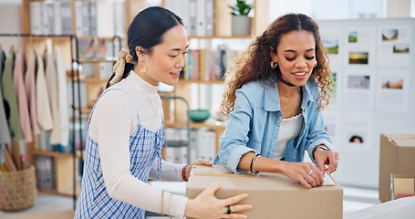 Image showing Teamwork, women and tape on box for shipping, delivery and export in fashion store. Small business, closing and packaging of cargo for ecommerce, supply chain and safety with designer collaboration