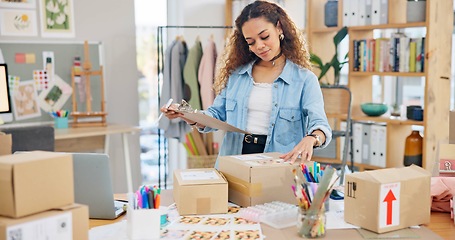 Image showing Online order, label check and woman with small business in fashion with delivery and cardboard box. Stock, startup and sales of ecommerce and web boutique at home of a entrepreneur with checklist