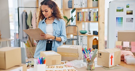 Image showing Online order, label check and woman with small business in fashion with delivery and cardboard box. Stock, startup and sales of ecommerce and web boutique at home of a entrepreneur with checklist