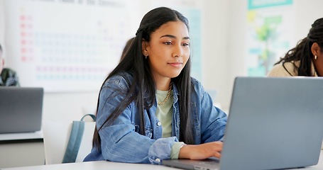 Image showing Woman, student and laptop for classroom education, e learning and studying or research in college. Young people typing on computer for university or school information, FAQ or scholarship application