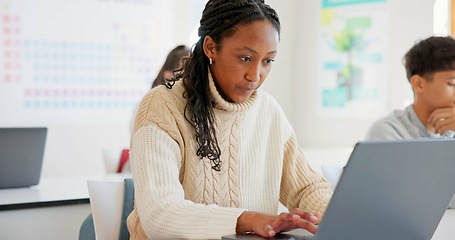 Image showing Girl, students and laptop in a classroom, knowledge and creativity with connection, typing and learning. African person, academic and pc with kids, studying and education with lessons and high school