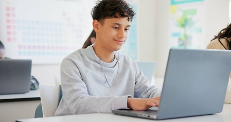 Image showing Man, student and laptop for school, elearning and studying or research in college or class. Teenager typing on computer for planning, classroom information and scholarship application or online FAQ