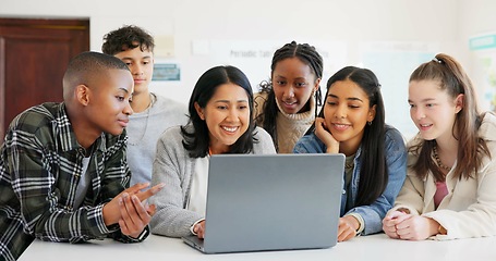 Image showing Students, teacher and laptop for group learning, teaching and education in classroom, school or university. Young people, professor or woman on computer for information, presentation or class support