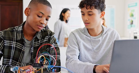 Image showing Robotics, education and students with laptop at school learning coding, future or programming. Teenager children in class for technology, electronics or science as development, innovation or teamwork