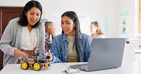 Image showing Technology, car robotics and student on laptop, teacher and happy for project in classroom, education or learning with electronics. Innovation, school kid and science class for transport knowledge