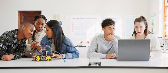 Image showing Robotics, education and student group at school learning future coding, programming or laptop. Children in a class for tech, electronics or science discussion as development, innovation or teamwork