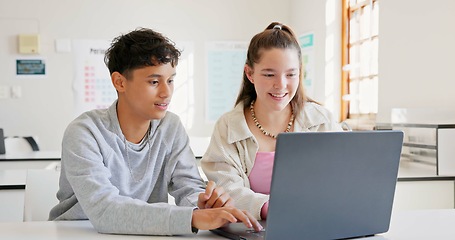 Image showing Learning, teamwork and high five of students on laptop in classroom, achievement and goal. Education, computer and teenager in celebration of success, happy kids and study knowledge at high school