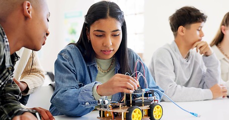 Image showing Technology, car robotics and students in classroom, education or learning electronics with car toys for innovation. School kids, learners and transportation knowledge in science class for research