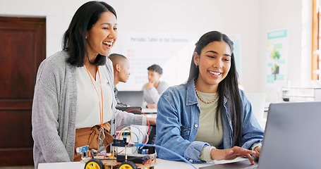 Image showing Technology, car robotics and student on laptop, teacher and help with project in classroom, education or learning with electronics. Innovation, school kid and science class for transport knowledge