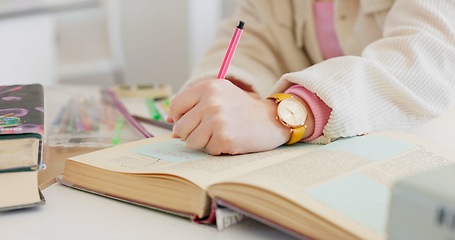 Image showing Hands, writing in notebook and student studying, learning and research knowledge of info. Closeup, notes and person on diary, journal or planning schedule reminder in to do list for education idea