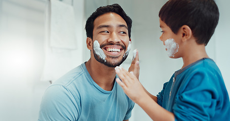 Image showing Shaving, bathroom and father teaching child about grooming, playing hygiene and facial routine. Playful, help and dad showing boy kid cream or soap for hair removal together in a house in the morning