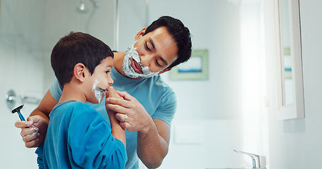 Image showing Shaving cream, child and father teaching in bathroom, family home or boy learning morning skincare, beauty and grooming routine. Shave together, son and dad helping with foam, razor and skin care