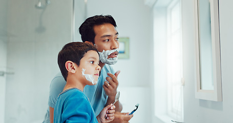 Image showing Shaving cream, child and father teaching in bathroom, family home or boy learning morning skincare, beauty and grooming routine. Shave together, son and dad helping with foam, razor and skin care