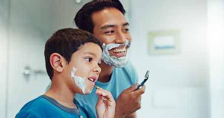 Image showing Dad, boy and learning to shave in bathroom with facial cream, skincare routine and support. Father, kid and teaching about cosmetics of cleaning face, beard and foam for love, care and family at home