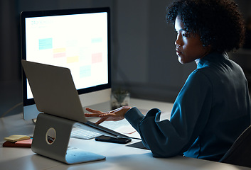 Image showing Woman with laptop, night and checking schedule, agenda and reminder for office administration. Online calendar, diary and girl at dark desk planning spreadsheet for time management on computer screen