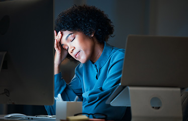 Image showing Stress, night and business woman tired of overtime, deadline and work pressure with burnout and muscle strain. Corporate, evening and employee with mistake or fail working late on company computer